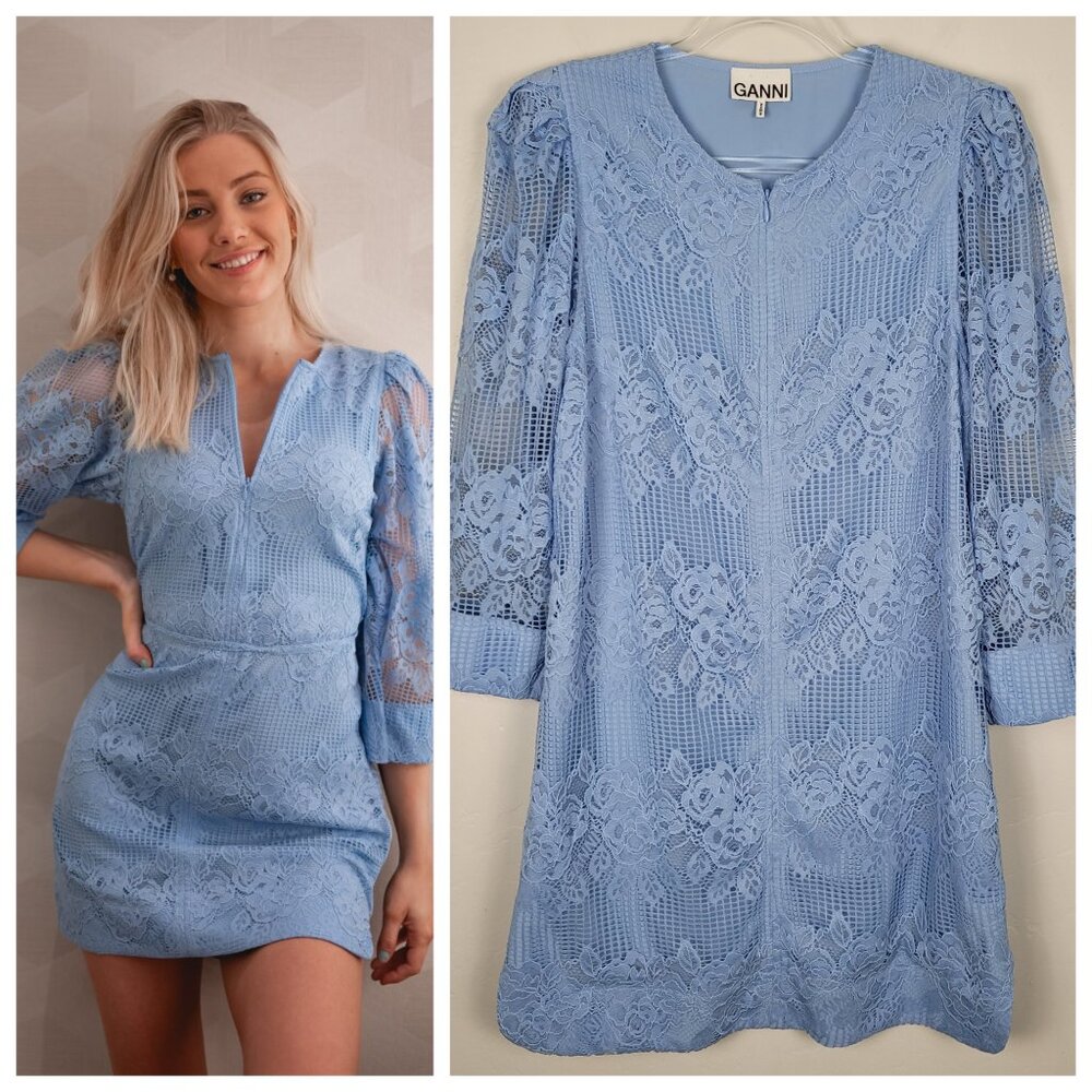 GANNI Mini Dress Floral Lace 3/4 Sleeve Puff Sleeve Shift Blue Size EU 38 US 6